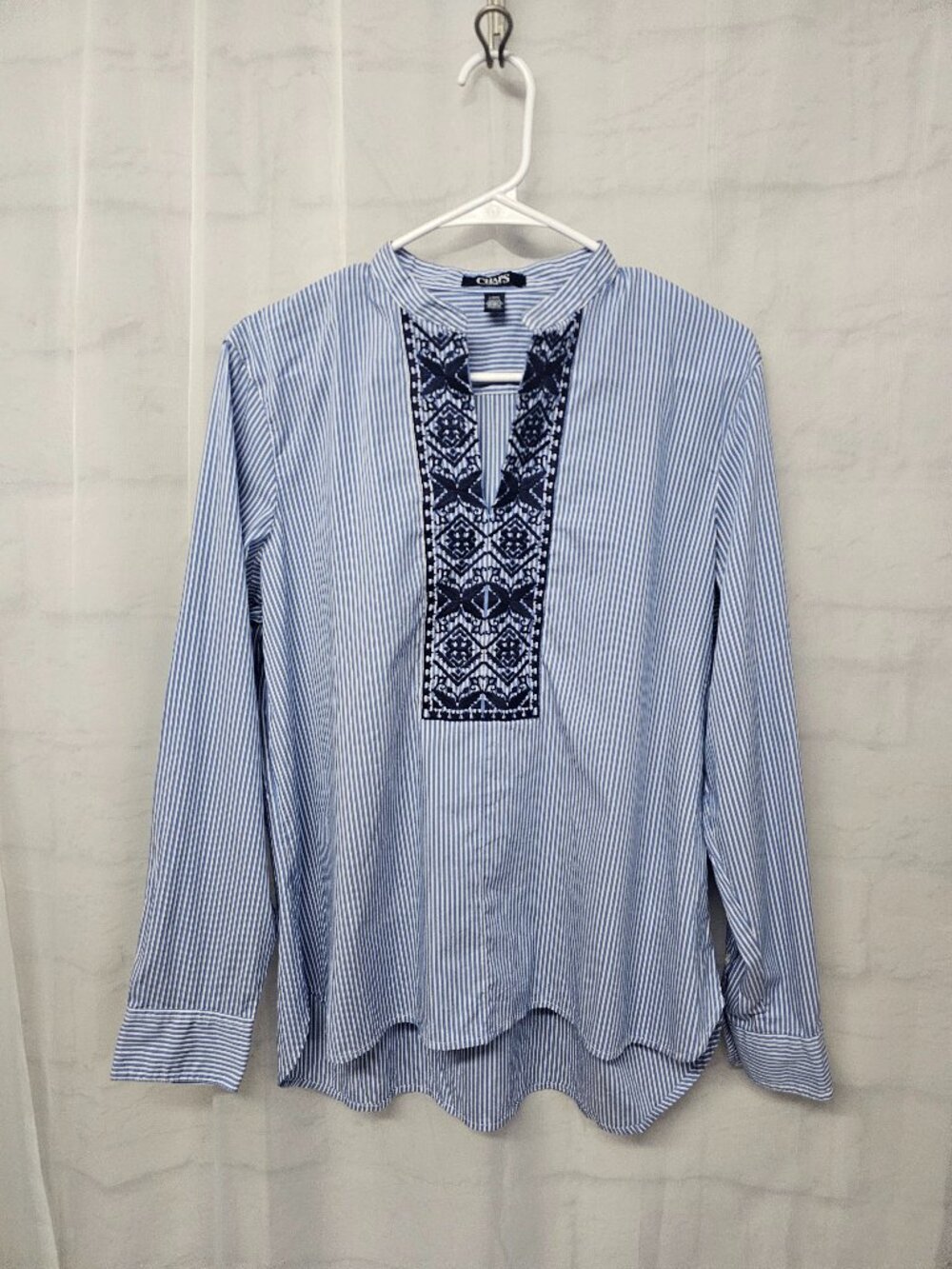 Chaps Blouse Blue Stripes Peasant Western Prairie Embroidered L